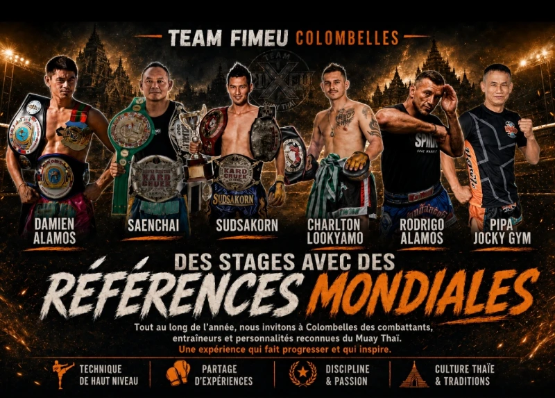 Affiche des stages Team Fimeu avec Damien Alamos, Saenchai, Sudsakorn, Charlton Lookyamo, Rodrigo Alamos et Pipa Jocky Gym